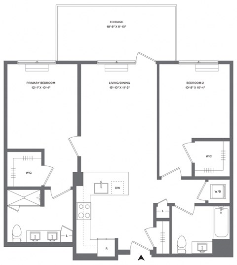 Floor plan for 2 beds, 2 baths, 997 sqft